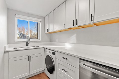 a white kitchen with white cabinets and stainless steel appliances