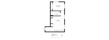 A floor plan of a one-bedroom apartment with a living room, bathroom, and entry.