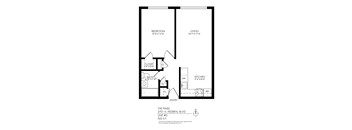 A black and white image of a floor plan for a bedroom, living room, kitchen, and bathroom.