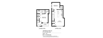 A drawing of a two level apartment with a lower level and upper level.