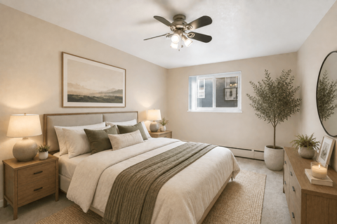 A bedroom with a large bed, a ceiling fan, and a painting on the wall.