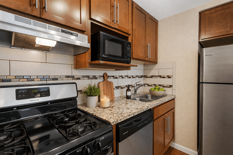 A kitchen with a black stove top oven and a black microwave above a black dishwasher.
