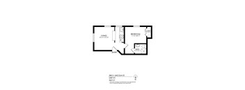 A black and white image of a floor plan for a one bedroom apartment.