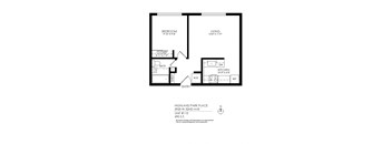 A black and white image of a floor plan for a one bedroom apartment.
