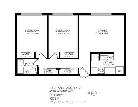 A floor plan of a home with two bedrooms, a living room, a bathroom, a kitchen, and an entry.