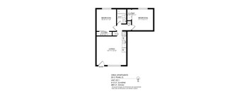 A black and white image of a floor plan for a two bedroom apartment.