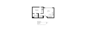 A floor plan of an apartment with a bedroom, living room, kitchen, and bathroom.