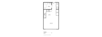 A floor plan of an apartment with a bathroom, kitchen, and living room.
