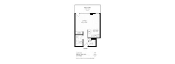 A drawing of a house plan with a living room, kitchen, bathroom and closet.
