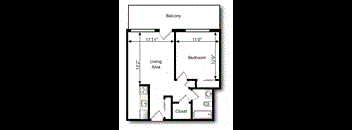 A floor plan of a small apartment with a living area, bedroom, closet, and balcony.