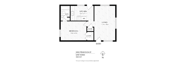 A black and white image of a floor plan for a 3500 Tennyson St unit.
