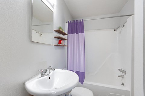 A white sink with a purple shower curtain in a bathroom.