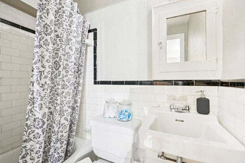 a bathroom with a sink and a mirror and a shower curtain