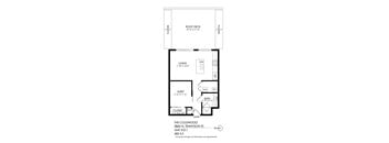 A drawing of a house floor plan with a living room, bedroom, bathroom, and closet.