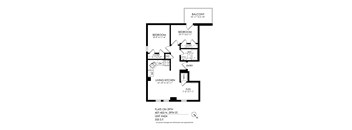 A black and white image of a floor plan for a home with a balcony, two bedrooms, a living kitchen, and a flex space.