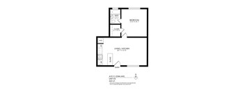 A floor plan for a living/kitchen area, bedroom, and bathroom.