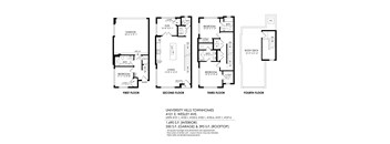 A floor plan for a University Hill Townhomes unit, showing the layout of the first, second, third, and fourth floors.