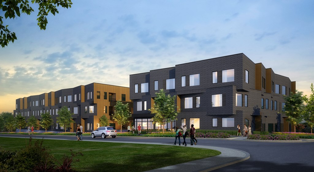 a rendering of a street with people walking in front of buildings