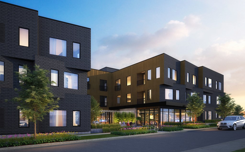 a rendering of a building with a car parked in front of it