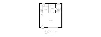 A floor plan of a one bedroom apartment at Clay Street.