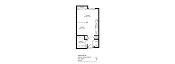 A floor plan for a unit at Tennyson 44 shows a living area, a sleeping area, a bathroom, a pantry, and an entry way.