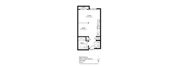 A floor plan for a unit at Tennyson 44 shows a living area, a sleeping area, a bathroom, a pantry, and an entry way.