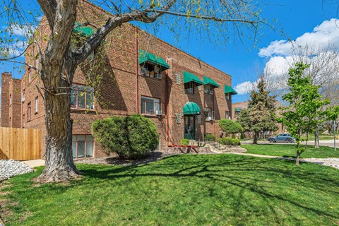 A red brick building with green awnings and a tree in front.
