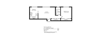 A floor plan of a one bedroom apartment with a living room and dining room.