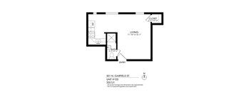 A drawing of a floor plan for a living space.
