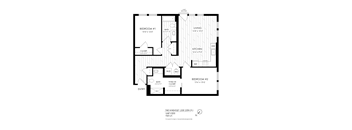 A black and white image of a floor plan for a two bedroom apartment.