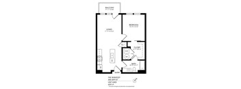A black and white image of a floor plan for a one bedroom apartment.