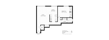 A black and white image of a floor plan for a one bedroom apartment.