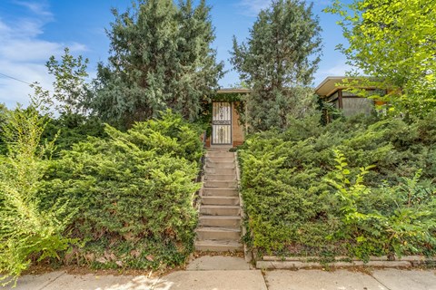 A wooden gate is surrounded by greenery and leads to a house.