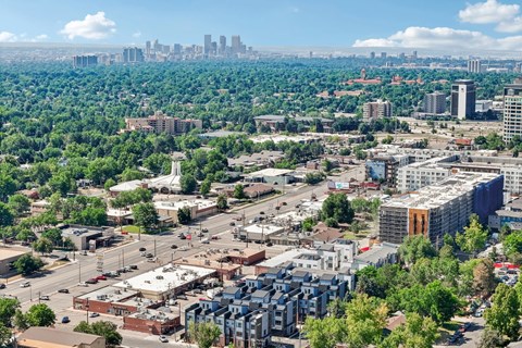 A cityscape with a mix of residential and commercial buildings, surrounded by a dense green forest.