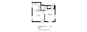 A floor plan of a one bedroom apartment with a living room and a bathroom.
