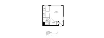 A floor plan of a unit at El Cortez showing a kitchen, living room, bathroom and closets.