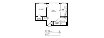 A black and white image of a floor plan for an apartment at 608 E. 12th Ave., Unit #201.