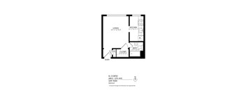A black and white image of a floor plan for a living space.