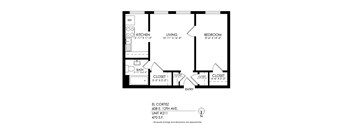 A floor plan of an apartment with a kitchen, living room, and two closets.
