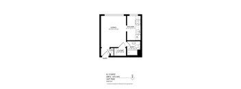 A black and white image of a floor plan for a living space.