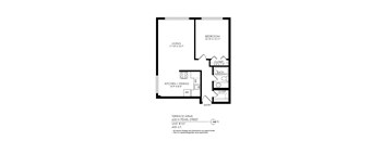 A floor plan of an apartment at Terrace Arms showing a living room, kitchen, dining area, bathroom and bedroom.
