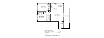 A floor plan of a unit with a living room, two bedrooms, a bathroom, a dining room and a balcony.