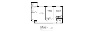 A floor plan of a unit with a kitchen, two bedrooms, a bathroom, and an entry.