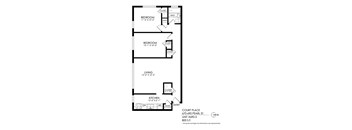 A floor plan of a house with two bedrooms, a living room, a kitchen, and a court place.