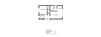 A floor plan of a home with a living room, dining room, kitchen, and two bedrooms.