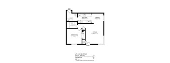 A floor plan of a one bedroom apartment with a living room, kitchen, and bathroom.
