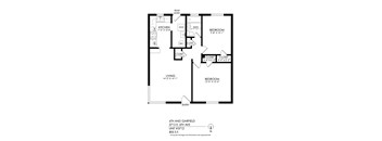 A floor plan of a two bedroom apartment with a living room and kitchen.