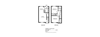 A floor plan for Cherry St. Townhomes shows two bedrooms and two bathrooms in the upper level and a living and dining area in the main level.