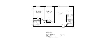 A black and white image of a floor plan for a home with a living room, dining room, two bedrooms, a bathroom, and a closet.