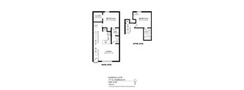 A black and white diagram of a two level residential apartment layout.